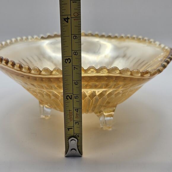 Vtg Carnival Glass Candy Dish Amber Three Footed Beaded Rim Diamond Pointed Ribs - Picture 6 of 6
